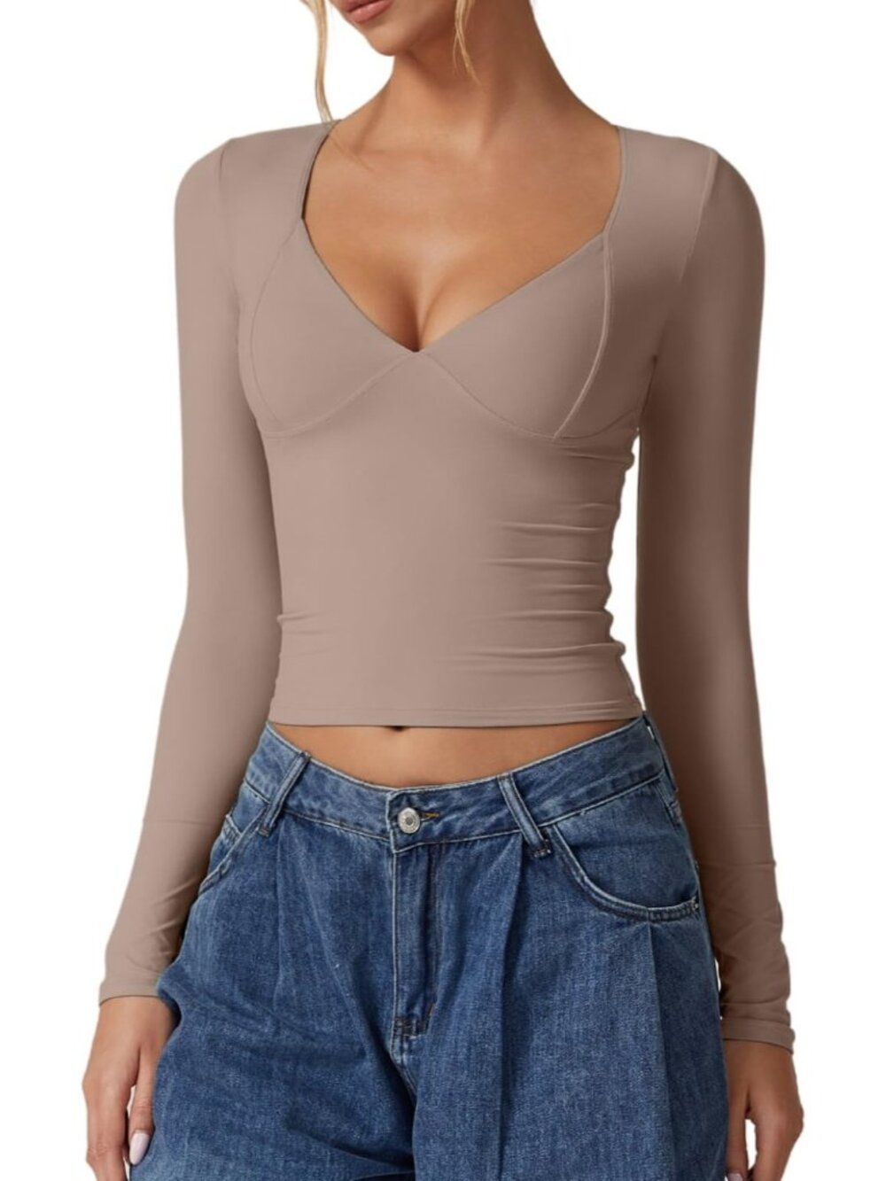 〽️Women's Rose Taupe V Neck Long Sleeve Double Lined Seamed Cup Crop Top Tee